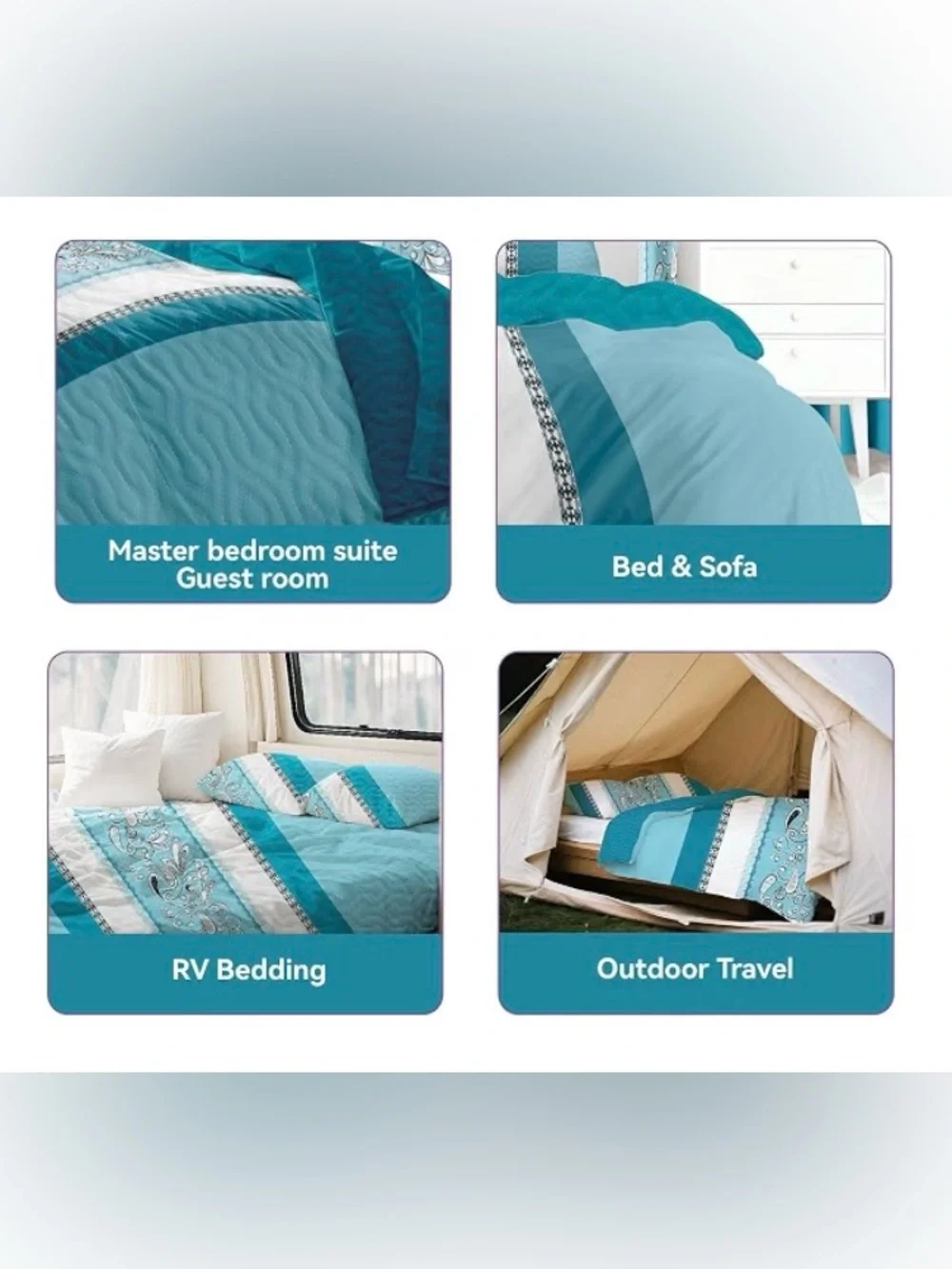 9 Pcs Queen Size Blue Bedspread Set with Curtains, Boho Blue Stripe Bed in A Bag